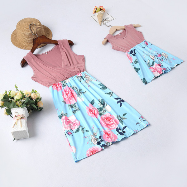 Mommy and Me Pink Flowers Family Matching Sleeveless Dress
