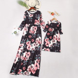 Mommy and Me Family Matching Long Sleeves Flowers Maxi Dresses