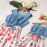 Mommy and Me Blue Denim Flower Family Matching Sleeveless Dresses