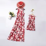 Mommy and Me  Family Matching Sleeveless Red Flowers Maxi Dresses