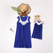 Mommy and Me Lace Flowers Family Matching Blue Dresses