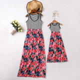 Mommy and Me Black Stripes Red Flowers Family Matching Maxi Dress