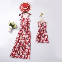 Mommy and Me  Family Matching Sleeveless Red Flowers Maxi Dresses