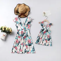 Mommy and Me Ruffles Sleeve  Family Matching Backless Flower Dresses