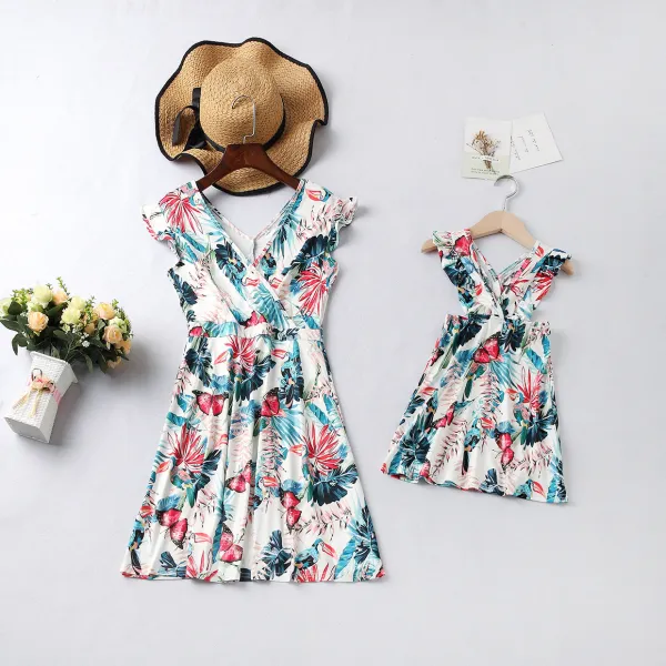 Mommy and Me Ruffles Sleeve  Family Matching Backless Flower Dresses