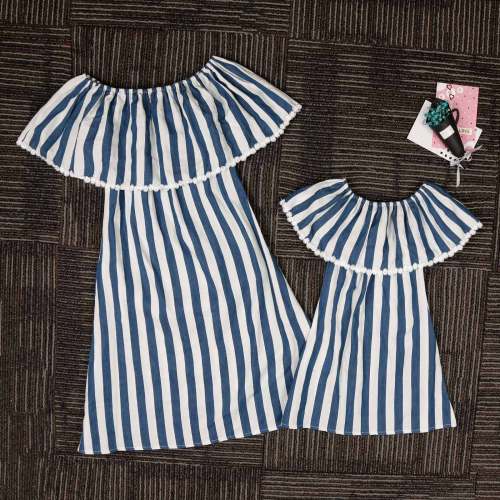 Mommy and Me Lace Ruffles Stripes Family Matching Off The Shoulder Dress