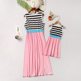 Mommy and Me Black Stripes Family Matching Pink Maxi Dress
