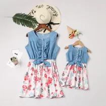 Mommy and Me Blue Denim Flower Family Matching Sleeveless Dresses