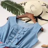 Mommy and Me Blue Denim Flower Family Matching Sleeveless Dresses