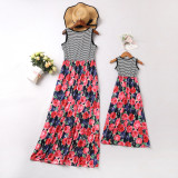 Mommy and Me Black Stripes Red Flowers Family Matching Maxi Dress