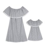 Mommy and Me Lace Ruffles Stripes Family Matching Off The Shoulder Dress