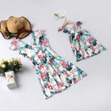 Mommy and Me Ruffles Sleeve  Family Matching Backless Flower Dresses