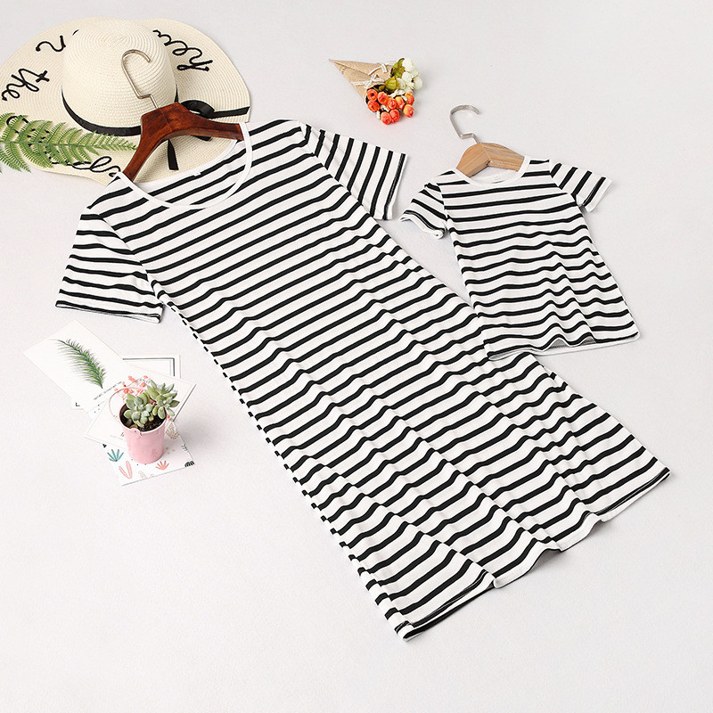 Mommy And Me Black Stripes Family Matching White Casual T Shirt Dress