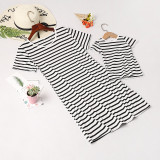 Mommy and Me Black Stripes Family Matching White Casual T-shirt Dress