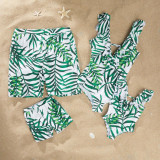 Family Matching Swimwear Print Green Leaves Ruffles Swimsuit and Truck Shorts