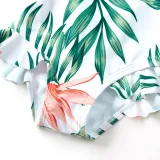 Family Matching Swimwear Print Red Flowers Green Leaves Swimsuit and Truck Shorts