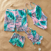 Family Matching Swimwear Print Green Leaves Swimsuit and Truck Shorts