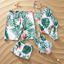 Family Matching Swimwear Print Red Flowers Green Leaves Swimsuit and Truck Shorts