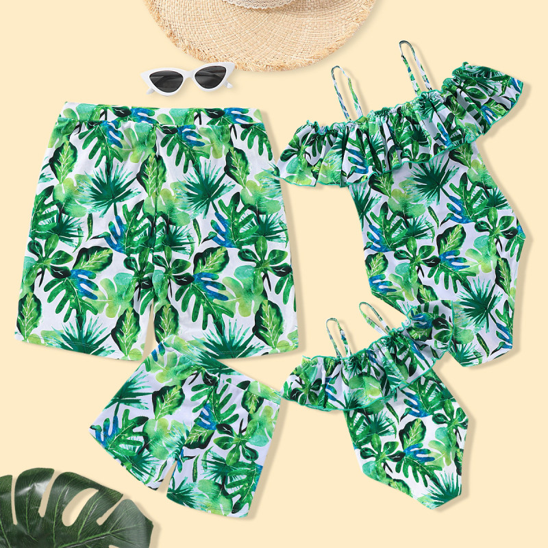 Family Matching Swimwear Green Leaves Ruffles Swimsuit and Truck Shorts
