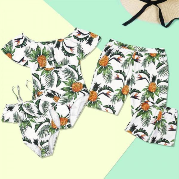Family Matching Swimwear Print Yellow Pineapple Swimsuit and Truck Shorts