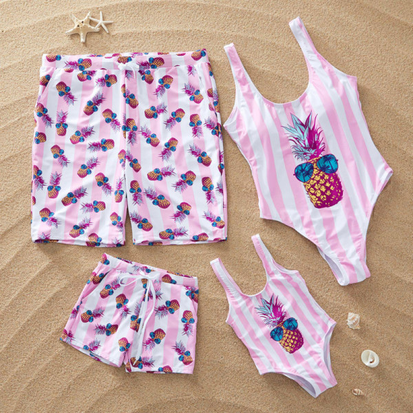 Family Matching Swimwear Pink Stripes Pineapple Swimsuit and Truck Shorts