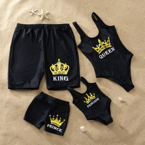Family Matching Swimwear Gold Slogan Black Swimsuit and Truck Shorts