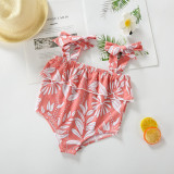 Mommy and Me Off The Shoulder Print Leaves Family Matching Pink Swimsuit