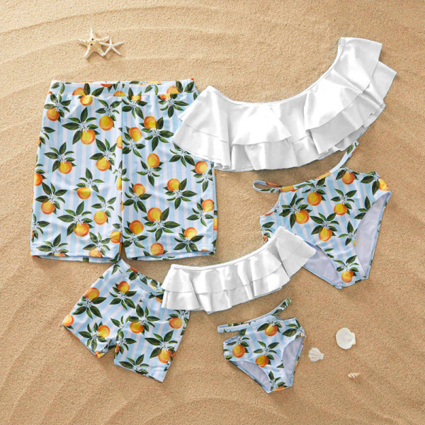 Family Matching Swimwear Blue Stripes Print Yellow Lemons Cut Out Bikini Set and Truck Shorts