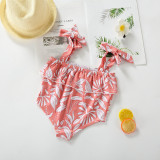 Mommy and Me Off The Shoulder Print Leaves Family Matching Pink Swimsuit