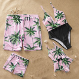 Family Matching Swimwear Print Green Leaves Swimsuit and Truck Shorts