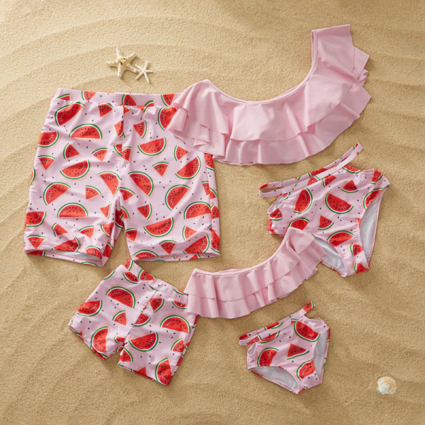 Family Matching Swimwear Print Watermelon Cut Out Bikini Set and Truck Shorts