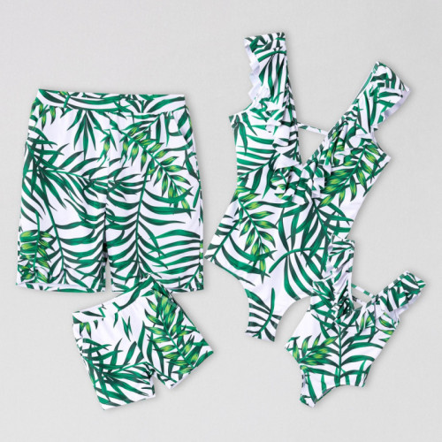 Family Matching Swimwear Print Green Leaves Ruffles Swimsuit and Truck Shorts
