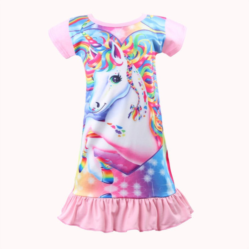 Kid Girl Rainbow Unicon Ruffles Pink Sleepwear Dresses