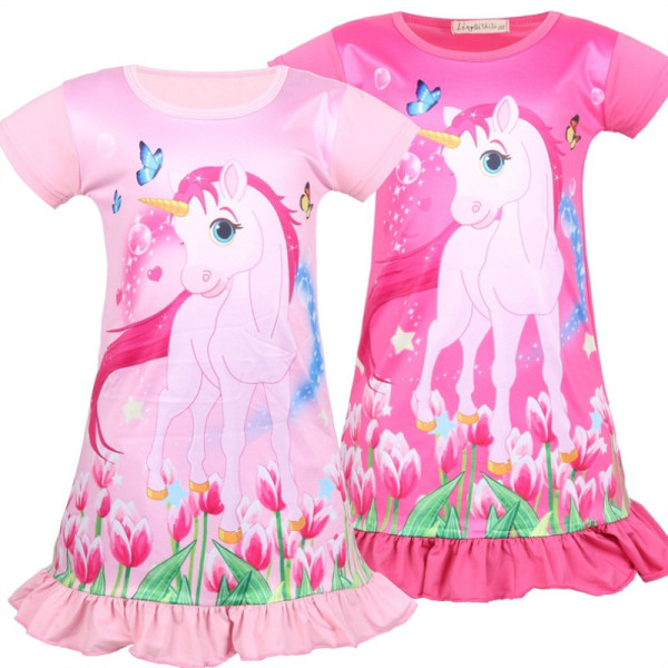 Kid Girl Print Unicon Flowers Ruffles Sleepwear Dresses