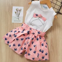 Kid Girl Face Bowknot White Top and Navy Flowers Short Two-piece Outfit