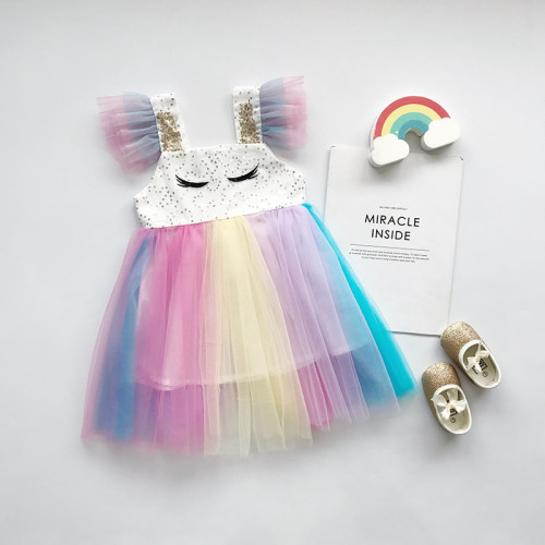 Kid Girl Sequins Eyelashs Rainbow Tutu Dress