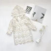 Kid Girl White Lace Crochet Flowers Hooded Thin Coat