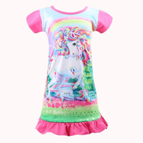 Kid Girl Print Rainbow Unicon Ruffles Sleepwear Dresses