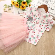 Kid Girl Print Pineapples Ruffles Bloues and Tutu Skirt with Bag Outfits