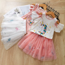Kid Girl Print Unicon Stars Off Shoulder Ruffles Bloues and Tutu Skirt Two-piece Outfit