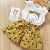 Kid Girl Face Bowknot White Top and Navy Flowers Short Two-piece Outfit