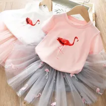 Kid Girl Red Flamingo and Embroidery Tutu Skirt Two-piece Outfit