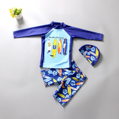 Kid Boys Print SURF Sailing Flowers Swimwear Sets Long Sleeves Top and Truck With Swim Cap