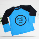 Kid Boys Underwater Diving Print Slogan Swimwear Sets Long Sleeves Top and Truck With Swim Cap