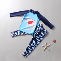 Kid Boys Print Shark Swimwear Sets Long Sleeves Top and Trunks