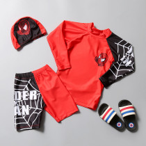 Kid Boys Print Spiderman Swimwear Sets Long Sleeves Top and Truck With Swim Cap