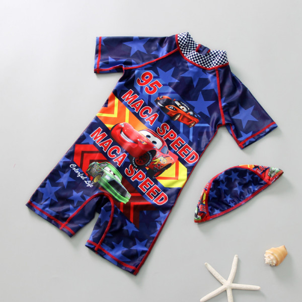 Kid Boys Print Cars Tow-Pieces Swimwear Short Top and Truck With Swim Cap