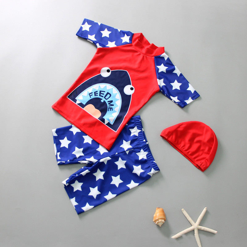 Kid Boys Print Shark Stars Swimwear Set Short Top and Truck With Swim Cap