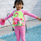 Kid Girls Print Pink Flamingos Float Adjustable Buoyancy Swimsuit with Cap