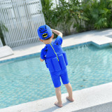 Kid Boys Print Bat Float Adjustable Buoyancy Blue Swimsuit with Cap